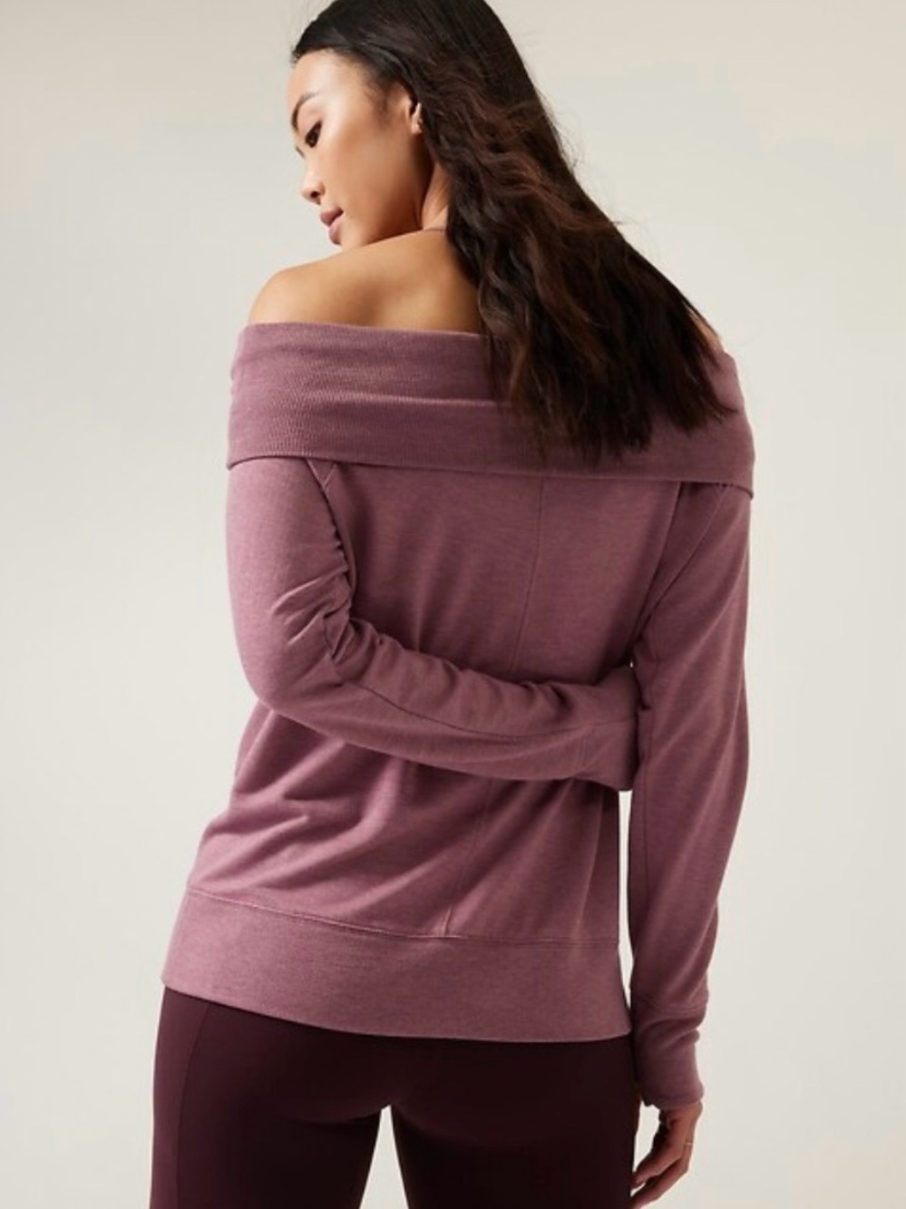 Athleta Studio Barre Sweatshirt Off-Shoulder Small Knit Sweater Mauve Sugarplum